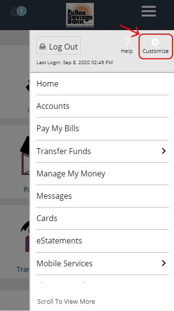 Fulton Express online Banking Mobile Customize Tab